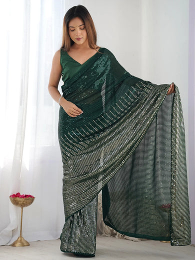 Dazzling Green Sequins Georgette Mehendi Wear Saree With Blouse